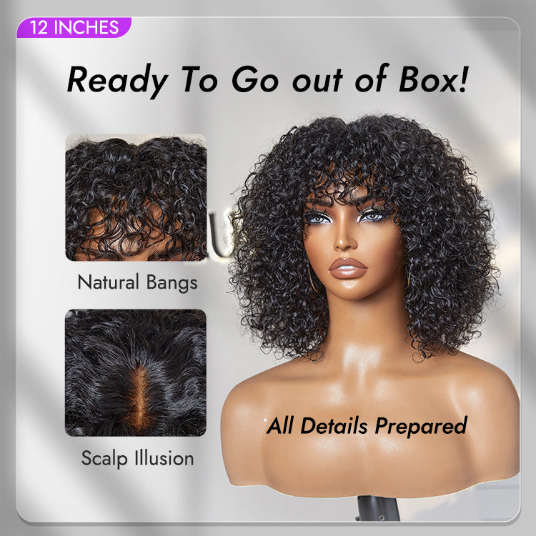 🔥Beginner Friendly Water Wave Minimalist Lace Glueless Short Curly Wig with Bangs