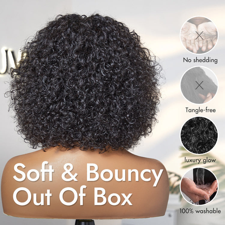🔥Beginner Friendly Water Wave Minimalist Lace Glueless Short Curly Wig with Bangs