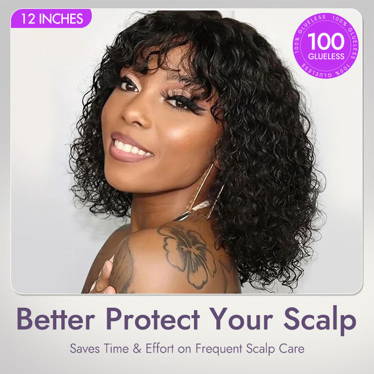 🔥Beginner Friendly Water Wave Minimalist Lace Glueless Short Curly Wig with Bangs