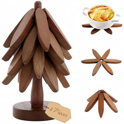 Natural Wood Tree-Shaped Folding Coaster & Decoration Set