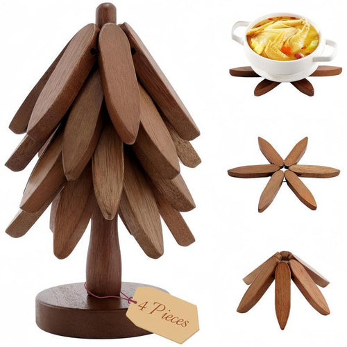Natural Wood Tree-Shaped Folding Coaster & Decoration Set